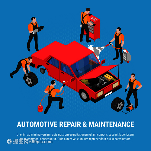 汽车维修 从等距图到设备符号的矢量插图应用